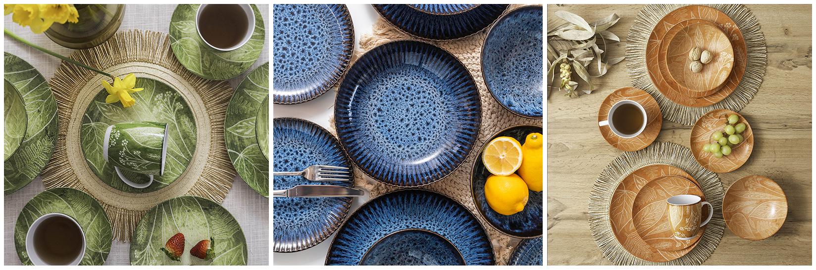 Kolaż przedstawiający ceramiczne komplety obiadowe w odcieniach zieleni, granatu i beżu do eleganckiej jadalni.