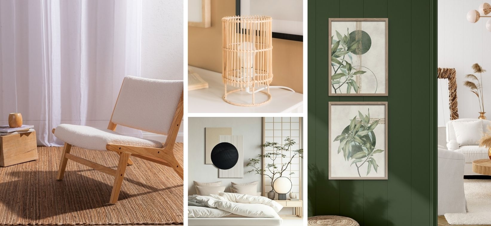 Aranżacje wnętrz w stylu japandi z naturalnym drewnem, minimalistycznymi dodatkami i jasnymi meblami.