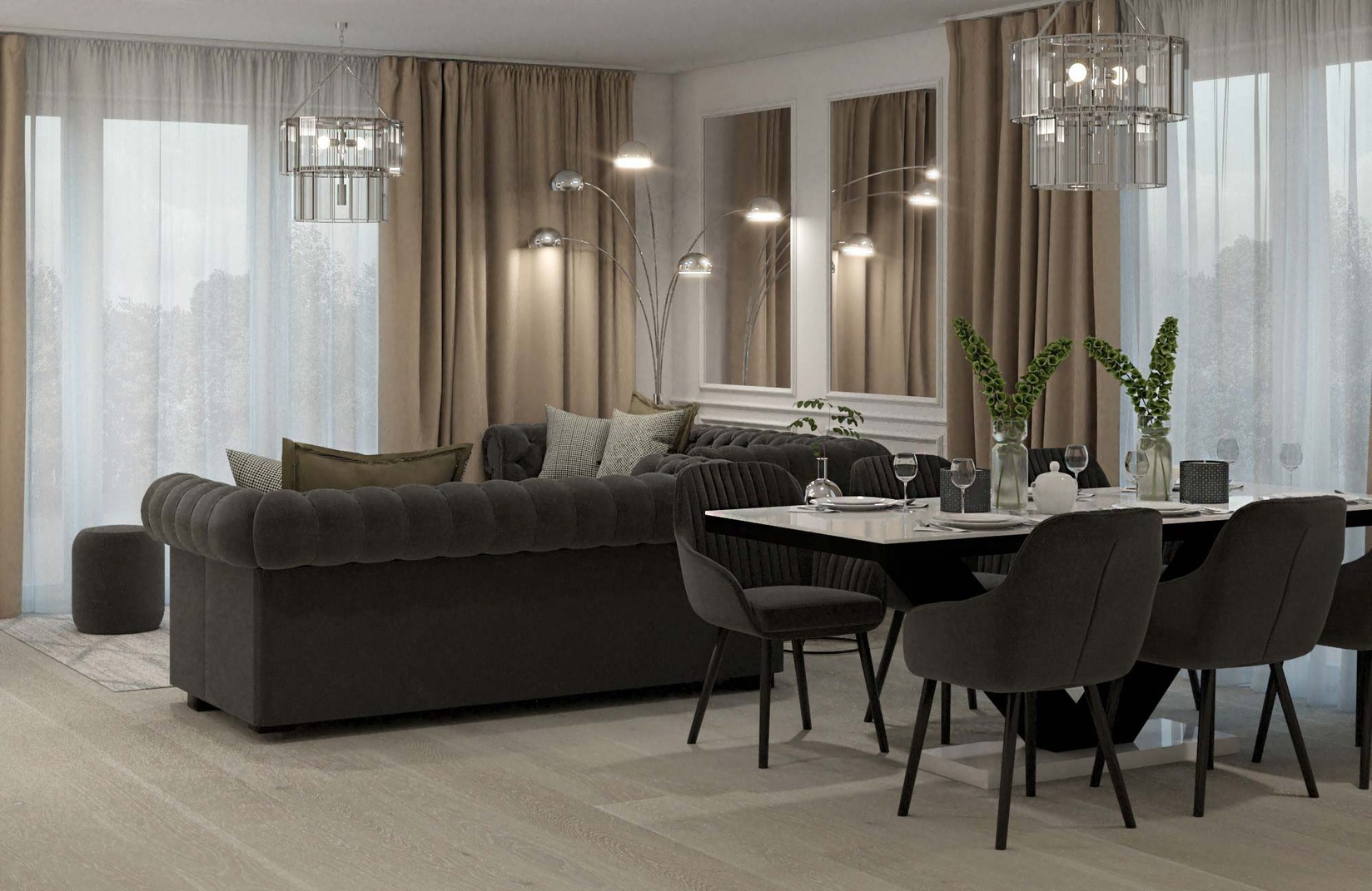 Elegancki salon z jadalnią, pikowaną sofą Chesterfield, tapicerowanymi krzesłami i nowoczesnym oświetleniem w stylu glamour.