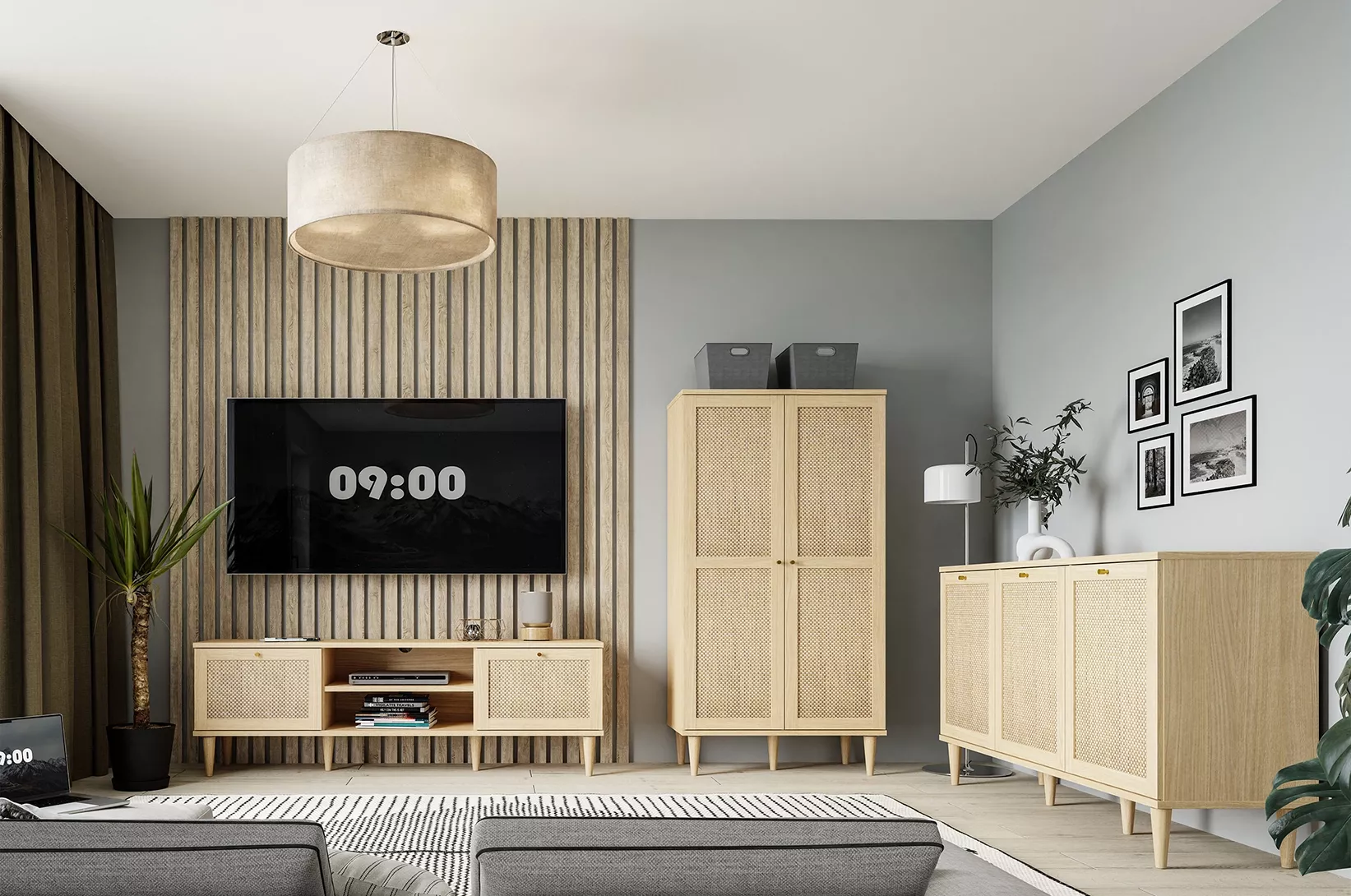 Salon z drewnianymi meblami, szafką pod telewizor, komodą i szafą w stylu skandynawskim na tle ściany z lamelami.