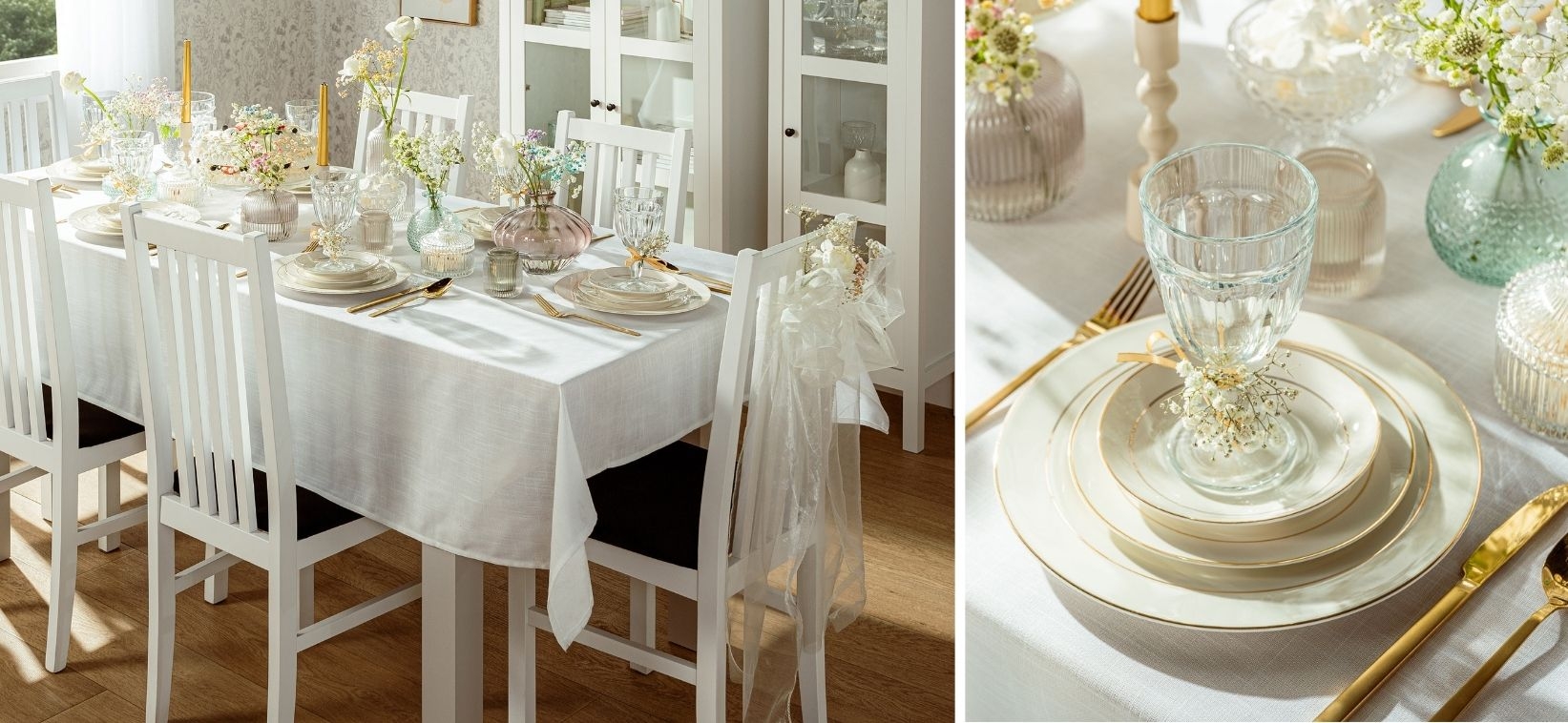 Kolaż przedstawiający elegancko nakryty stół w jadalni z białym obrusem, porcelanową zastawą, złotymi sztućcami oraz dekoracjami z kwiatów w szklanych wazonach.