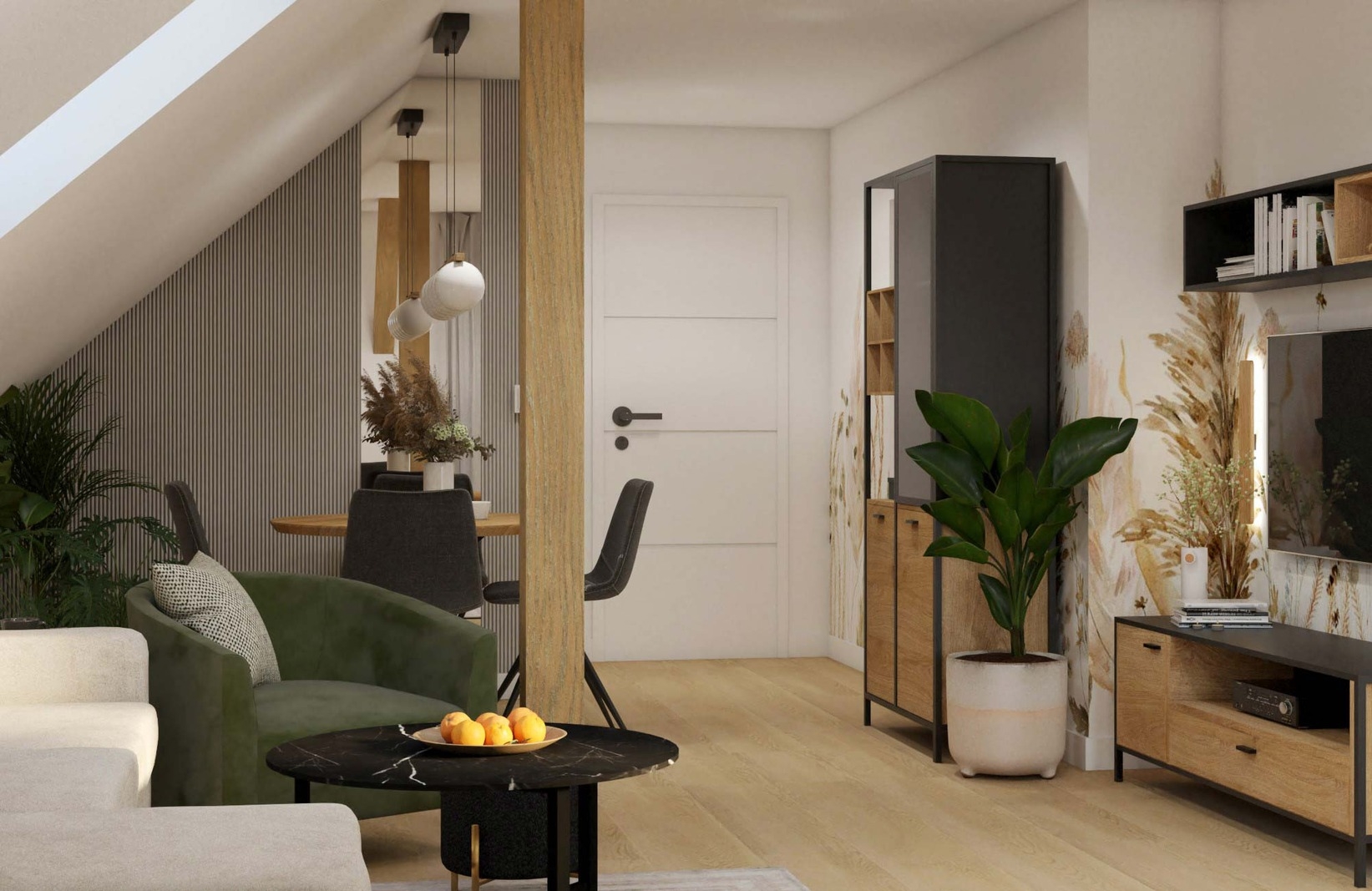 Nowoczesny salon z jadalnią na poddaszu, wyposażony w drewniane meble, zielony fotel, stolik kawowy i rośliny doniczkowe w naturalnej aranżacji.