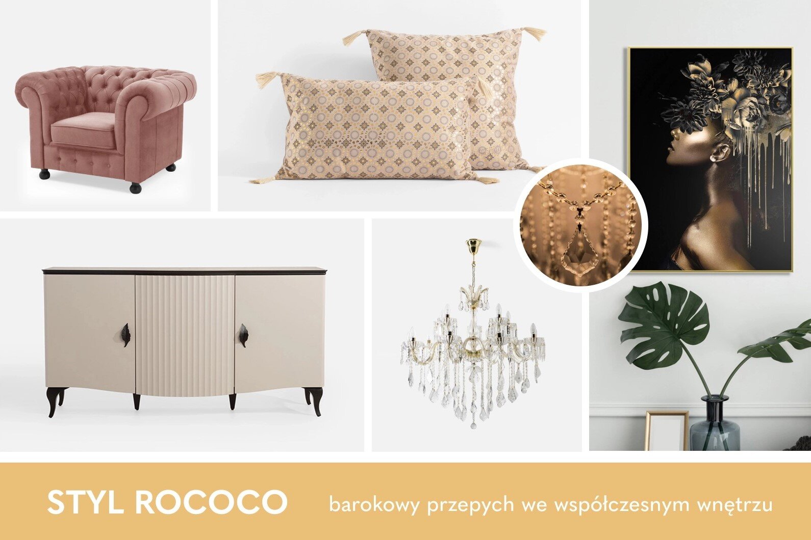 Kolaż inspiracji wnętrzarskich w stylu rococo przedstawiający pikowany fotel chesterfield, dekoracyjne poduszki, elegancką komodę, kryształowy żyrandol oraz obraz w złotej ramie, utrzymane w luksusowej aranżacji z barokowymi akcentami.