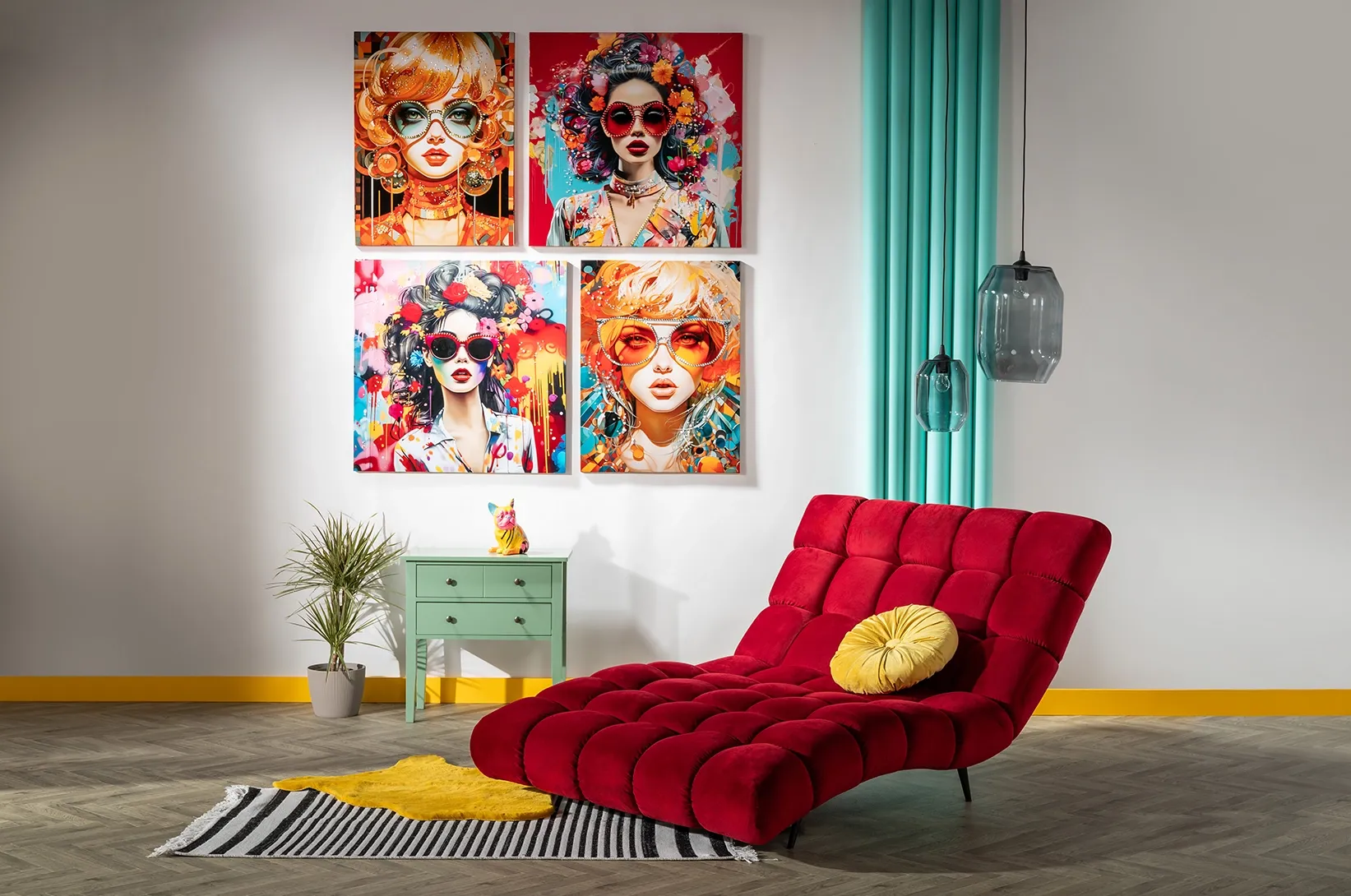Czerwona leżanka tapicerowana z pikowanym siedziskiem i dekoracyjną poduszką, ustawiona w nowoczesnym wnętrzu z kolorowymi grafikami ściennymi i designerskimi lampami wiszącymi.