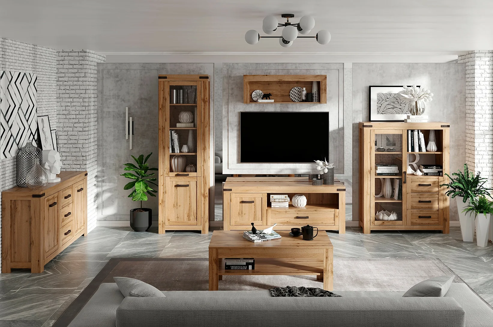 Nowoczesny salon z meblami w kolorze dębu, wyposażony w komodę, witryny, szafkę RTV oraz stolik kawowy, urządzony w eleganckim stylu loftowym z betonowymi i ceglastymi akcentami.