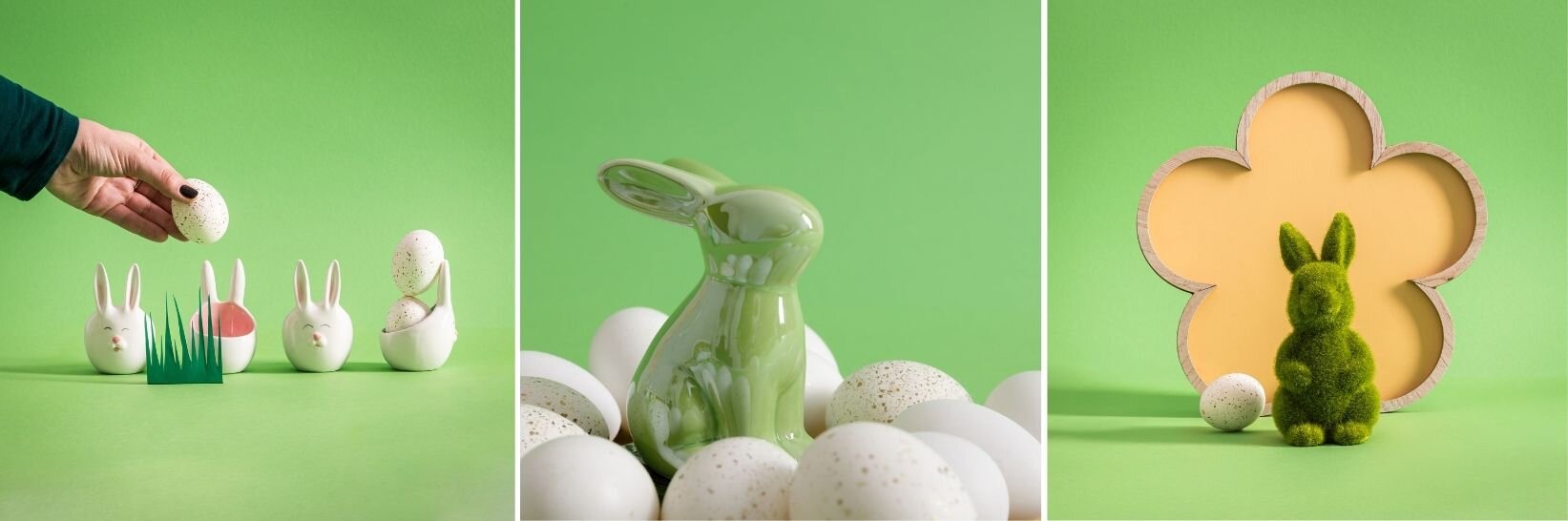 Kolaż wielkanocnych dekoracji przedstawiający ceramiczne zajączki na jajka, figurkę zielonego królika oraz ozdoby świąteczne w pastelowych kolorach.