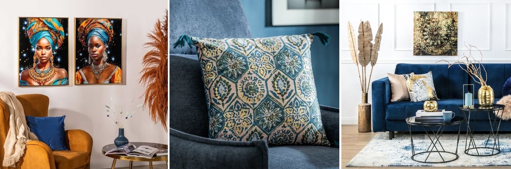 Kolaż przedstawiający salon z granatową sofą i fotelem, dekoracyjne poduszki we wzory oraz obrazy ścienne, elegancka aranżacja wnętrza w odcieniach niebieskiego i złota.