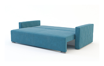 Turkusowa sofa rozkładana z funkcją spania, prezentowana w formie łóżka na jasnym tle.