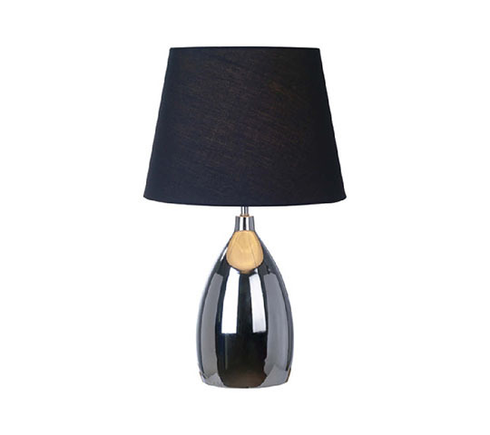 Lampa stołowa z grafitową ceramiczną podstawą i czarnym abażurem w nowoczesnym stylu.